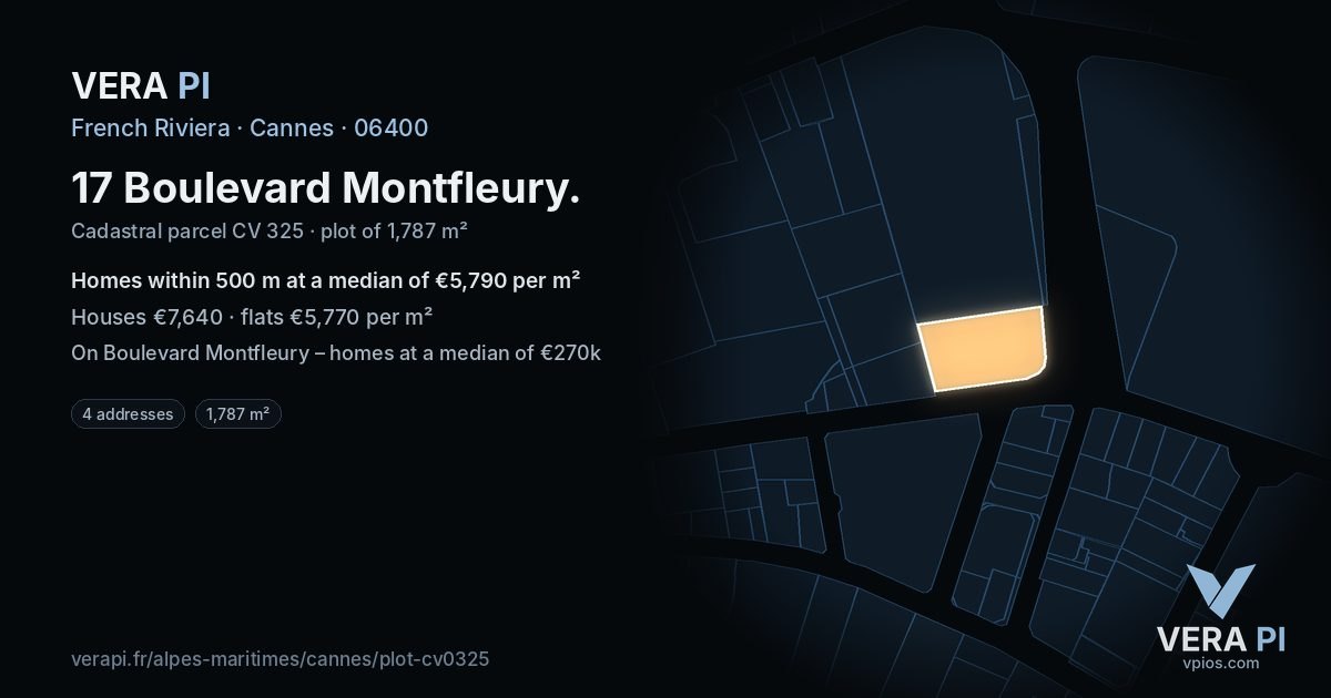 17 Boulevard Montfleury, Cannes at night – the plot lit, the parcels around coloured by the prices near them