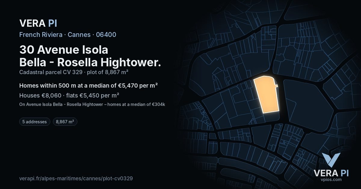 30 Avenue Isola Bella - Rosella Hightower, Cannes at night – the plot lit, the parcels around coloured by the prices near them