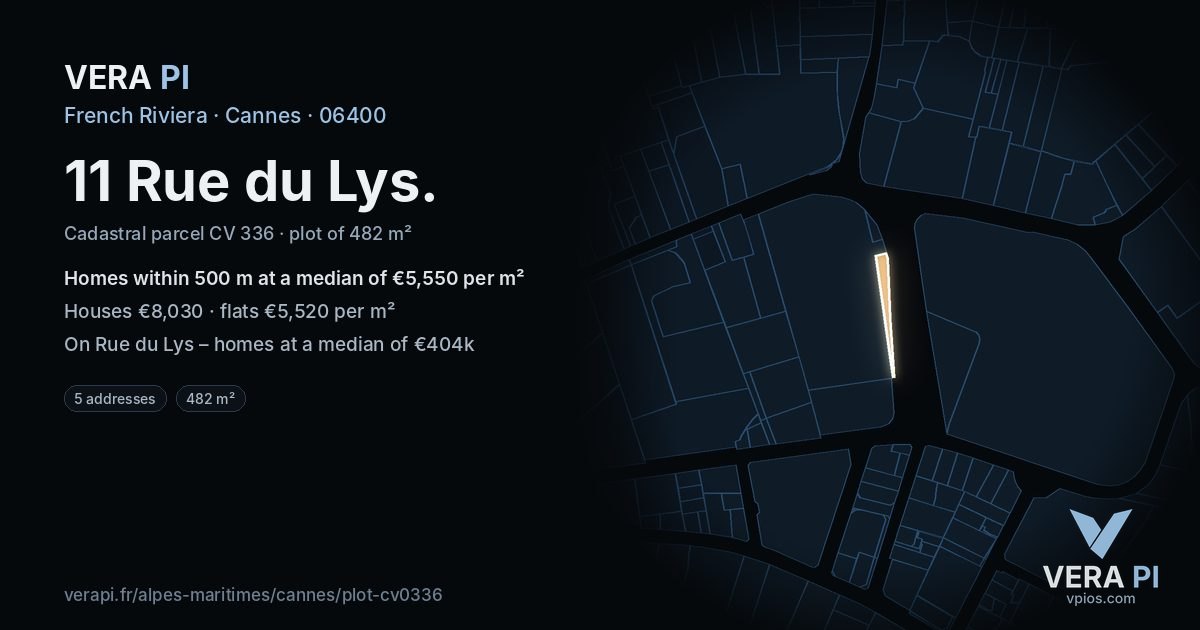 11 Rue du Lys, Cannes at night – the plot lit, the parcels around coloured by the prices near them