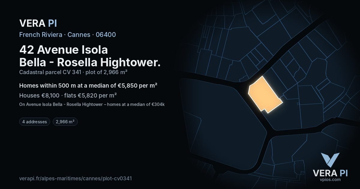 42 Avenue Isola Bella - Rosella Hightower, Cannes at night – the plot lit, the parcels around coloured by the prices near them