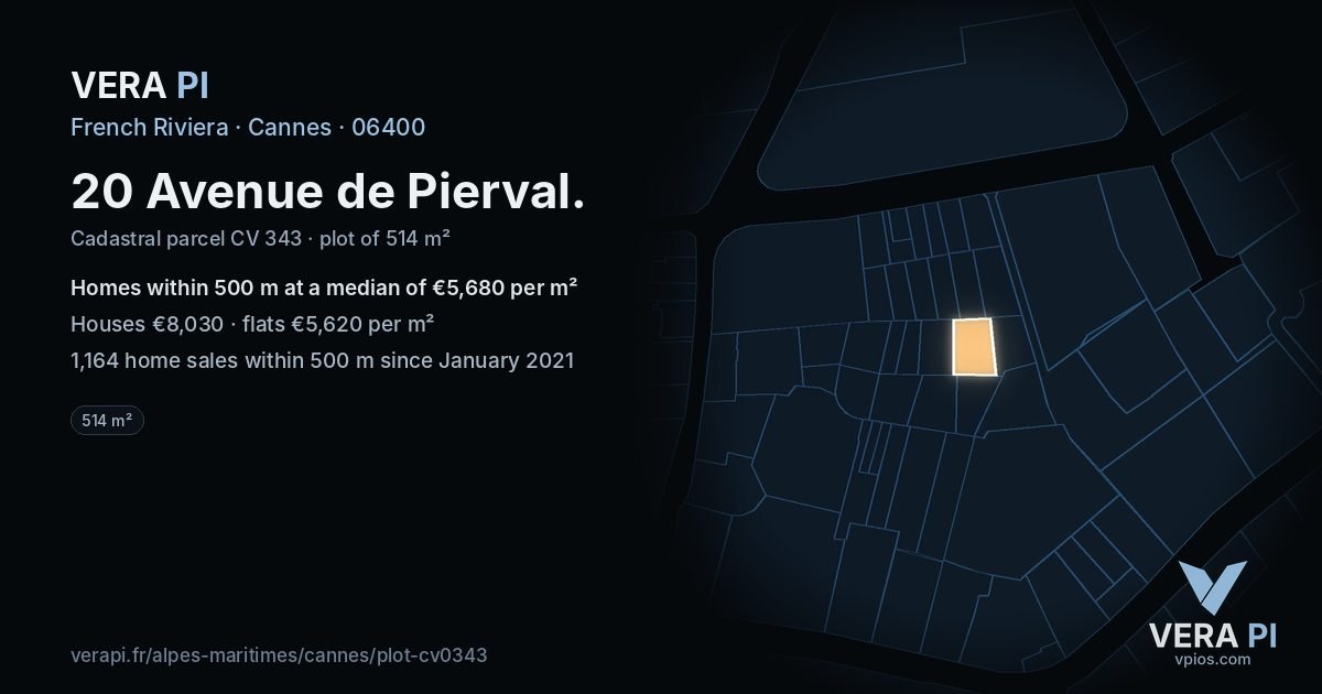 20 Avenue de Pierval, Cannes at night – the plot lit, the parcels around coloured by the prices near them