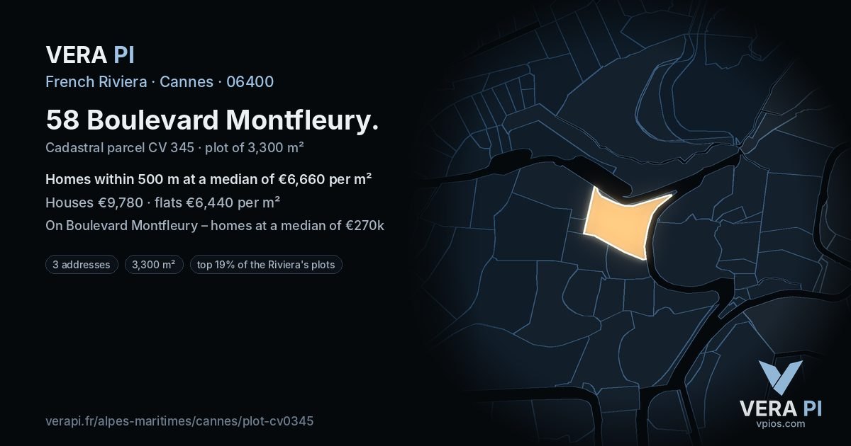 58 Boulevard Montfleury, Cannes at night – the plot lit, the parcels around coloured by the prices near them