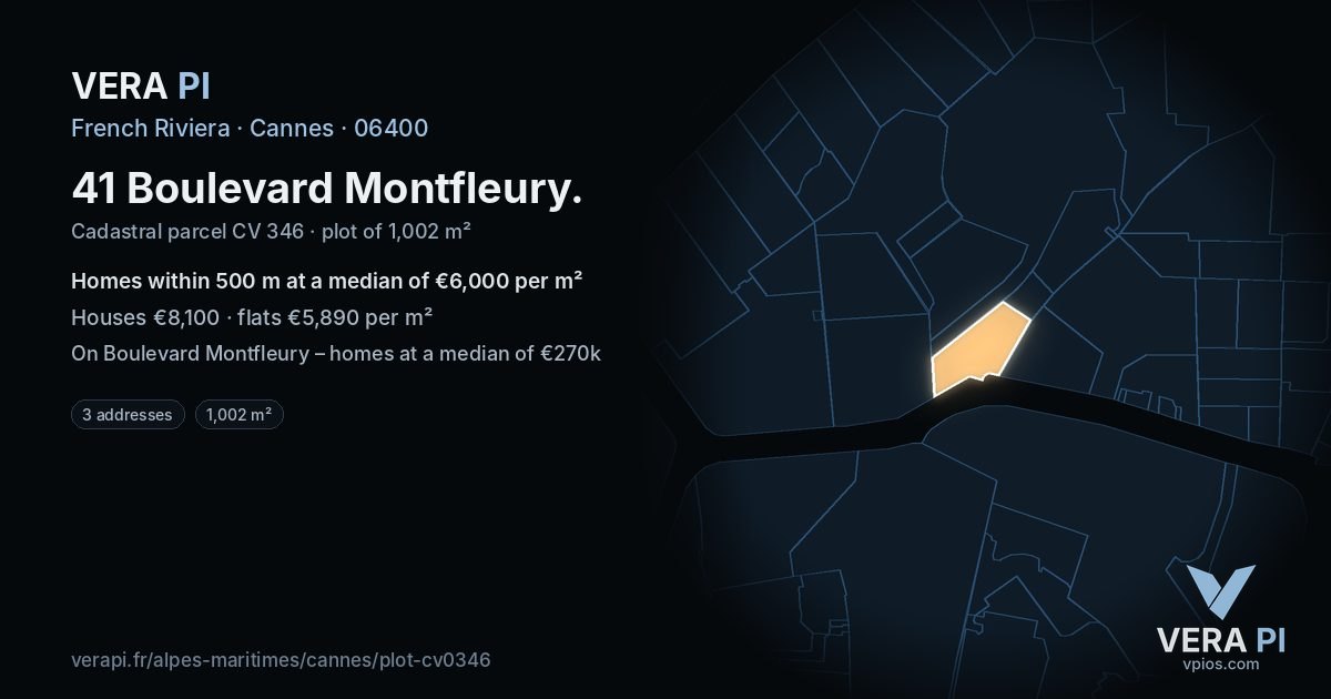 41 Boulevard Montfleury, Cannes at night – the plot lit, the parcels around coloured by the prices near them