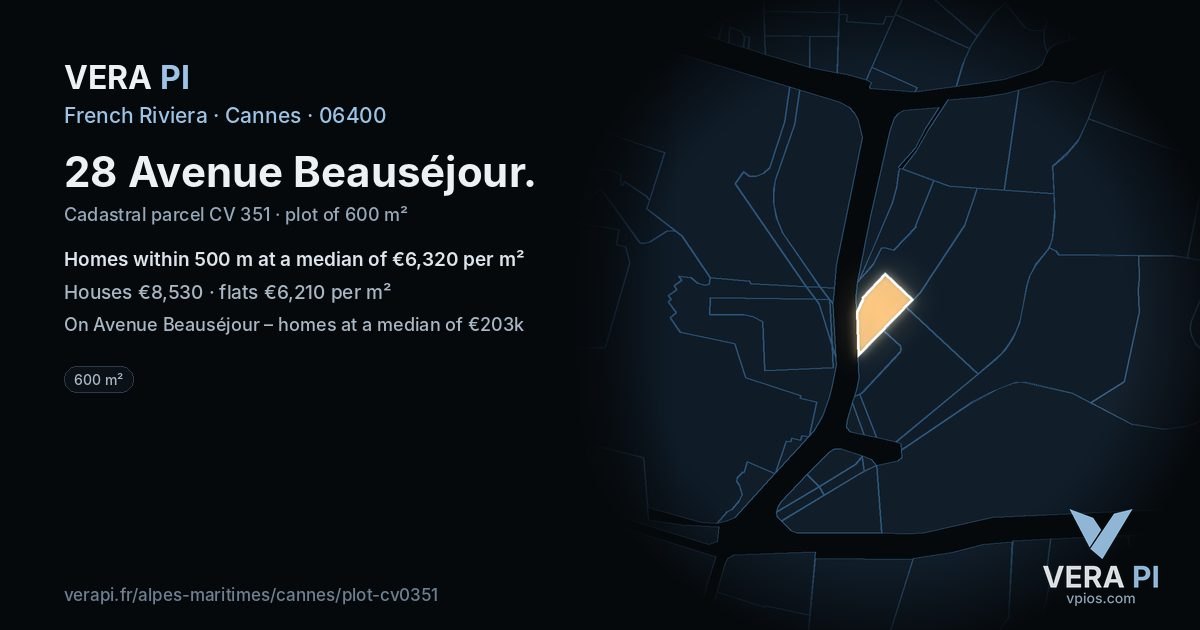 28 Avenue Beauséjour, Cannes at night – the plot lit, the parcels around coloured by the prices near them
