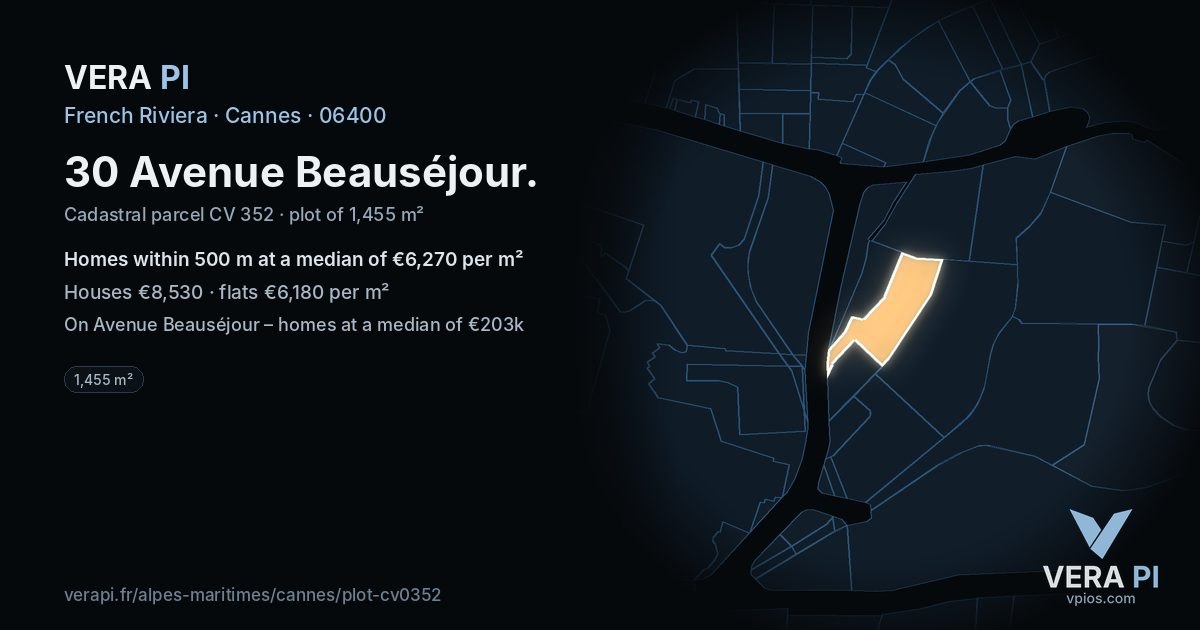 30 Avenue Beauséjour, Cannes at night – the plot lit, the parcels around coloured by the prices near them