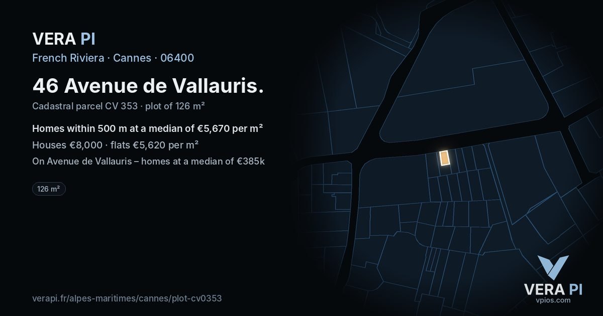 46 Avenue de Vallauris, Cannes at night – the plot lit, the parcels around coloured by the prices near them