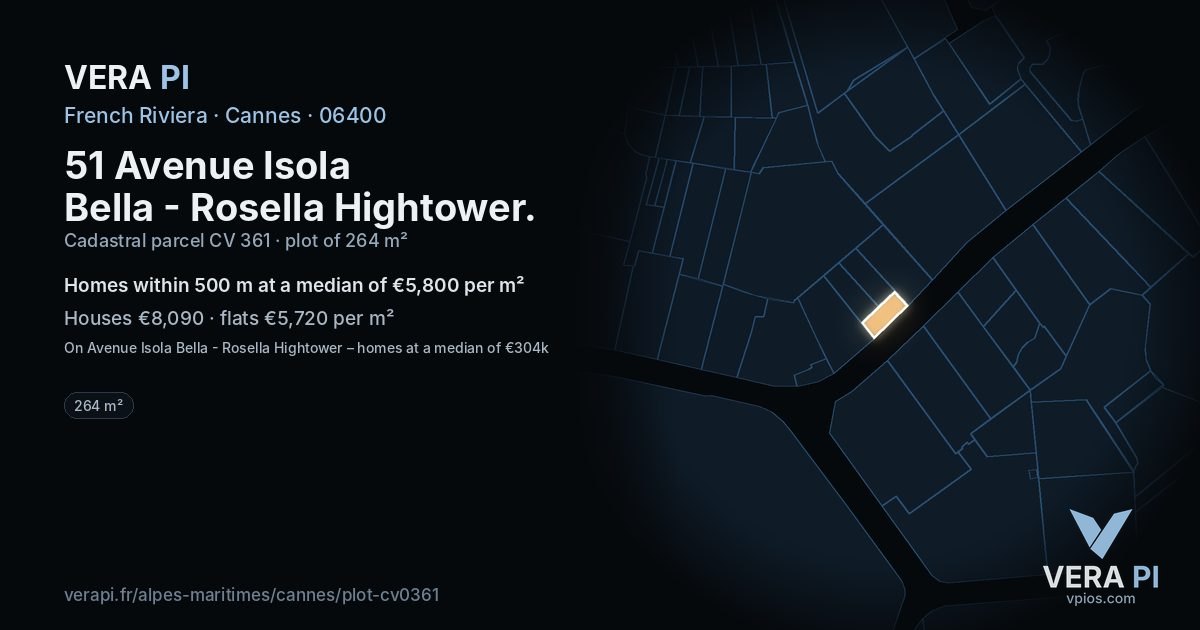 51 Avenue Isola Bella - Rosella Hightower, Cannes at night – the plot lit, the parcels around coloured by the prices near them
