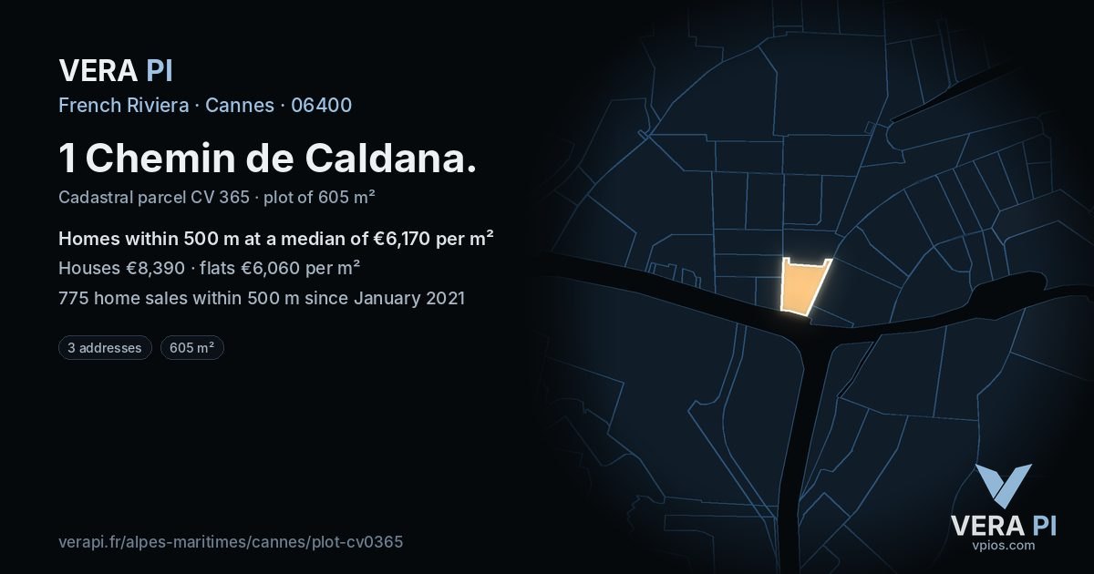 1 Chemin de Caldana, Cannes at night – the plot lit, the parcels around coloured by the prices near them