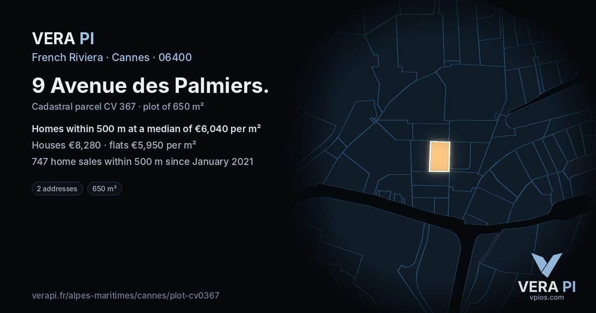 9 Avenue des Palmiers, Cannes at night – the plot lit, the parcels around coloured by the prices near them