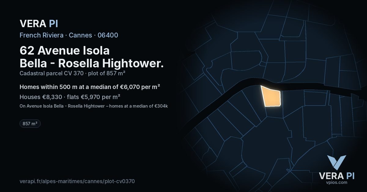 62 Avenue Isola Bella - Rosella Hightower, Cannes at night – the plot lit, the parcels around coloured by the prices near them