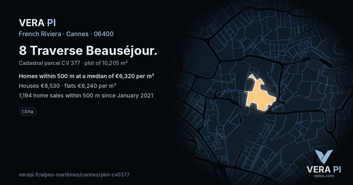 8 Traverse Beauséjour, Cannes at night – the plot lit, the parcels around coloured by the prices near them