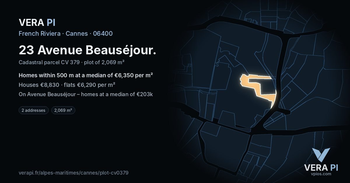 23 Avenue Beauséjour, Cannes at night – the plot lit, the parcels around coloured by the prices near them