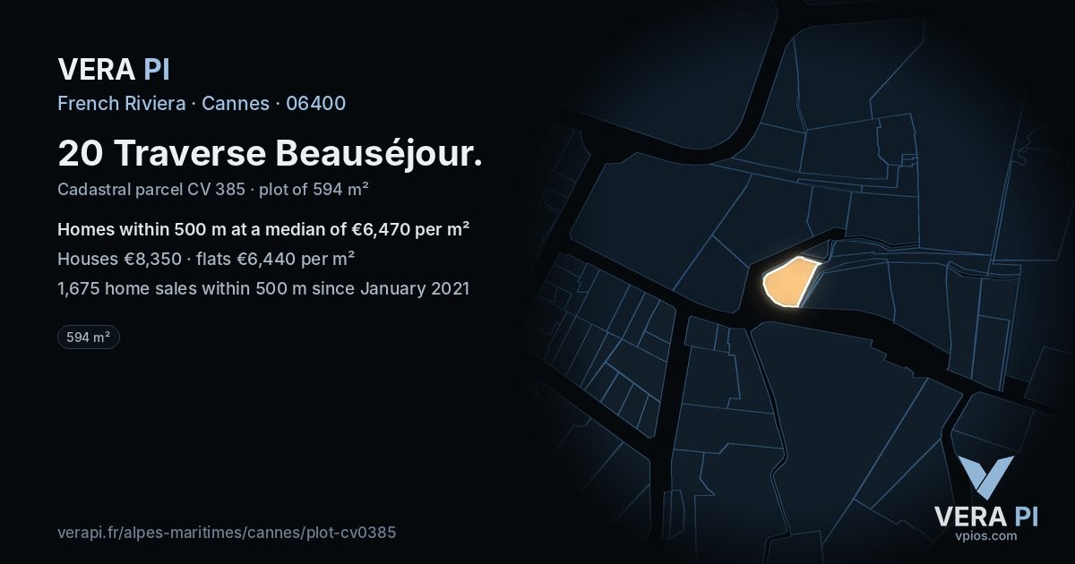 20 Traverse Beauséjour, Cannes at night – the plot lit, the parcels around coloured by the prices near them