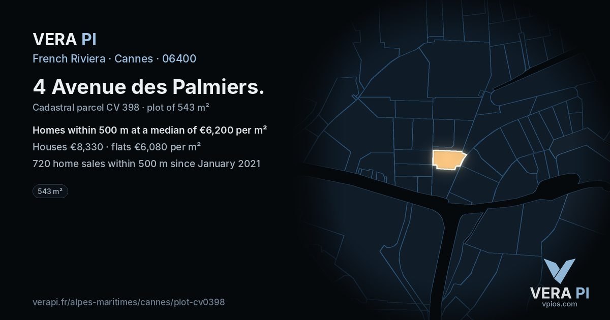 4 Avenue des Palmiers, Cannes at night – the plot lit, the parcels around coloured by the prices near them
