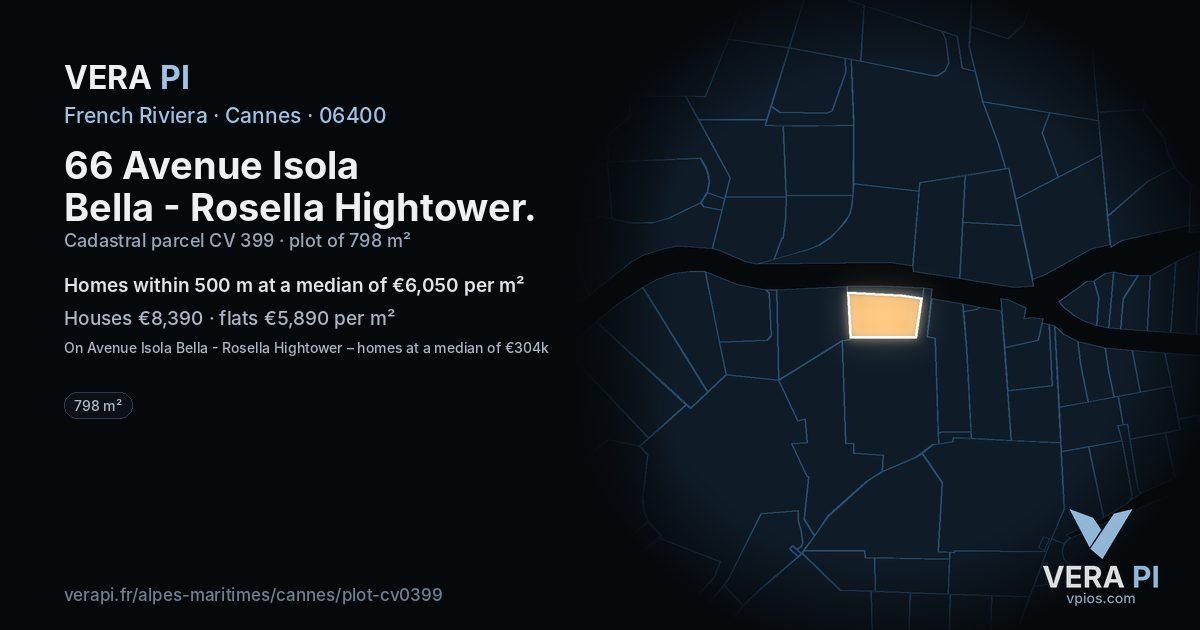 66 Avenue Isola Bella - Rosella Hightower, Cannes at night – the plot lit, the parcels around coloured by the prices near them