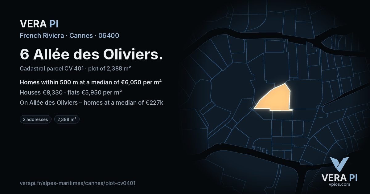 6 Allée des Oliviers, Cannes at night – the plot lit, the parcels around coloured by the prices near them
