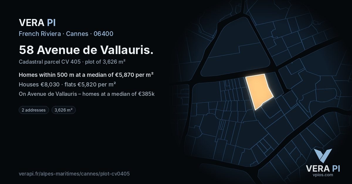 58 Avenue de Vallauris, Cannes at night – the plot lit, the parcels around coloured by the prices near them