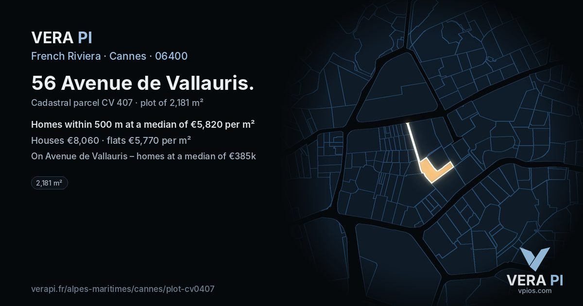 56 Avenue de Vallauris, Cannes at night – the plot lit, the parcels around coloured by the prices near them