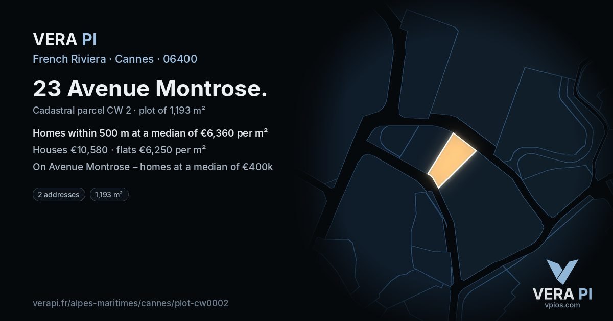 23 Avenue Montrose, Cannes at night – the plot lit, the parcels around coloured by the prices near them