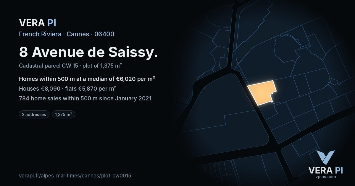 8 Avenue de Saissy, Cannes at night – the plot lit, the parcels around coloured by the prices near them
