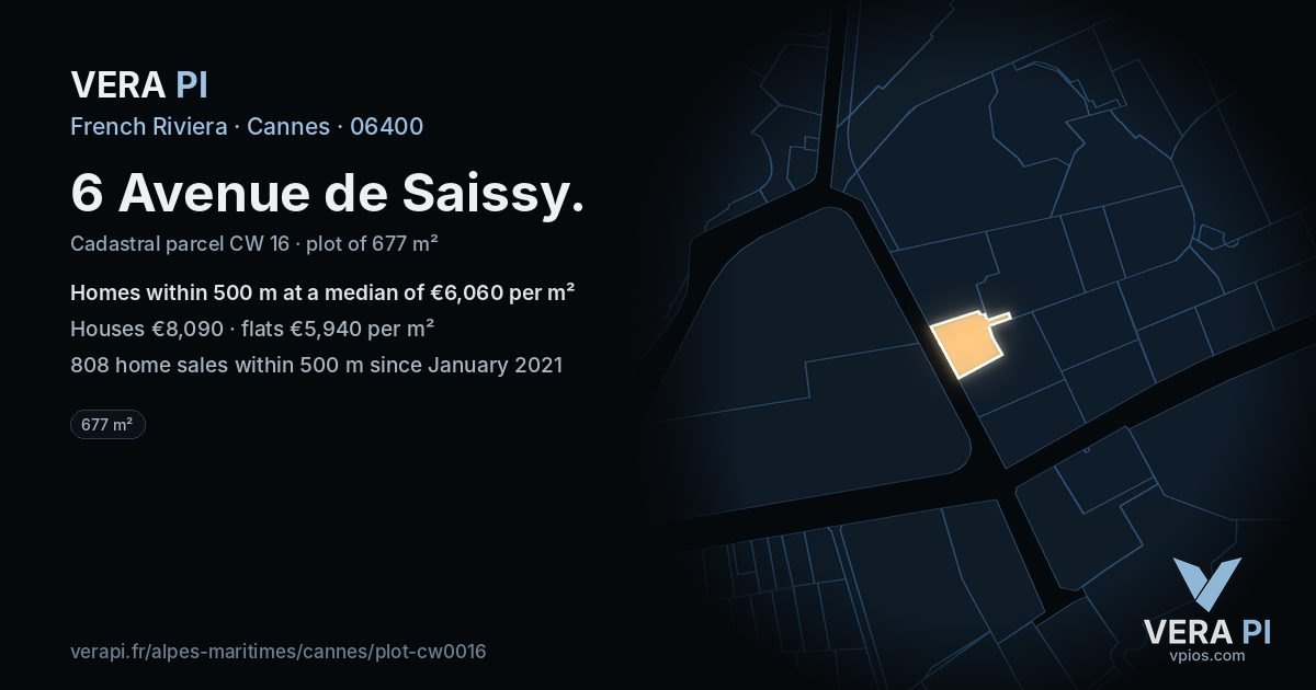 6 Avenue de Saissy, Cannes at night – the plot lit, the parcels around coloured by the prices near them