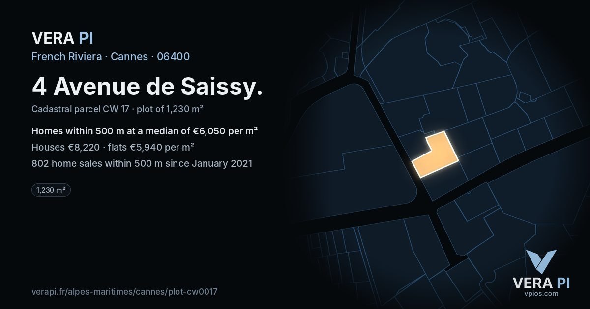 4 Avenue de Saissy, Cannes at night – the plot lit, the parcels around coloured by the prices near them