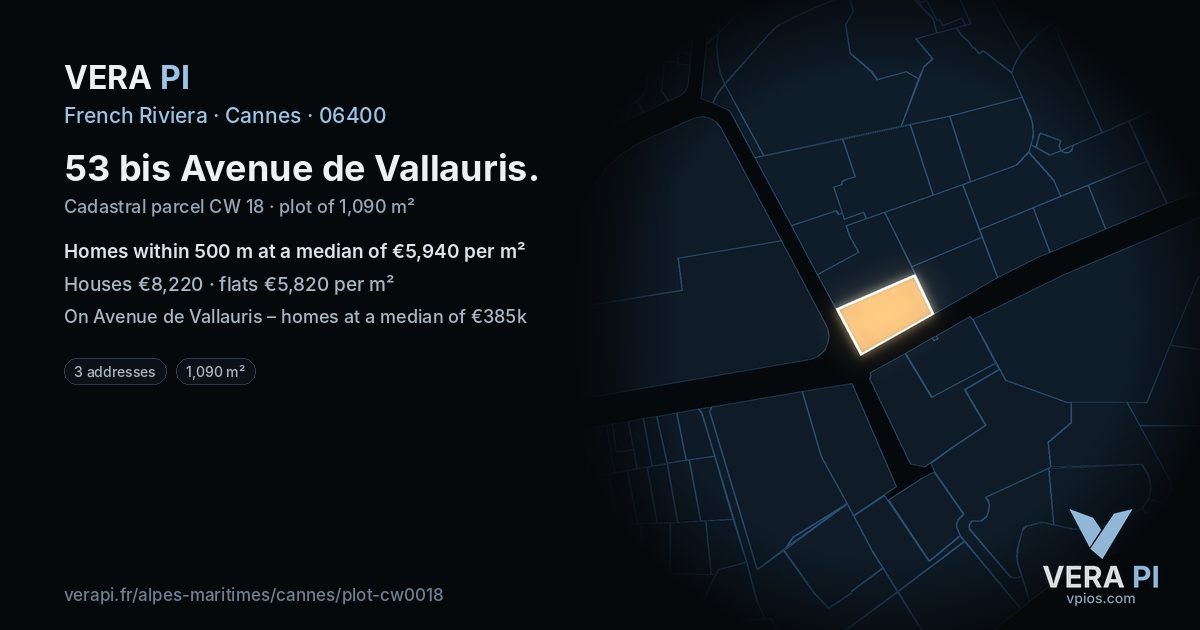 53 bis Avenue de Vallauris, Cannes at night – the plot lit, the parcels around coloured by the prices near them