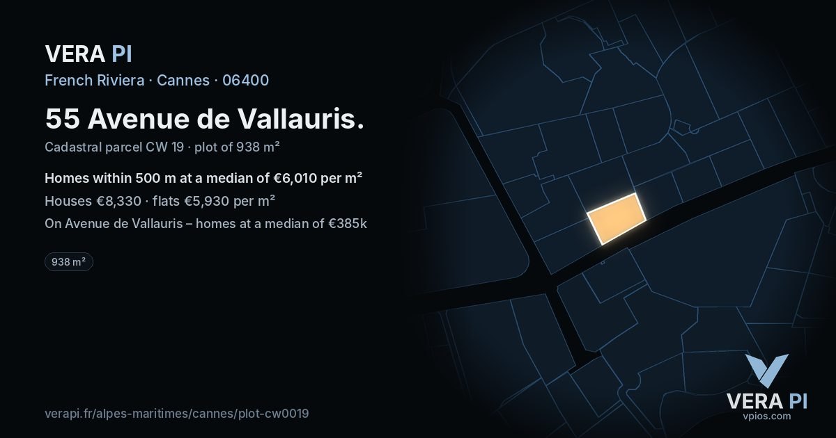 55 Avenue de Vallauris, Cannes at night – the plot lit, the parcels around coloured by the prices near them