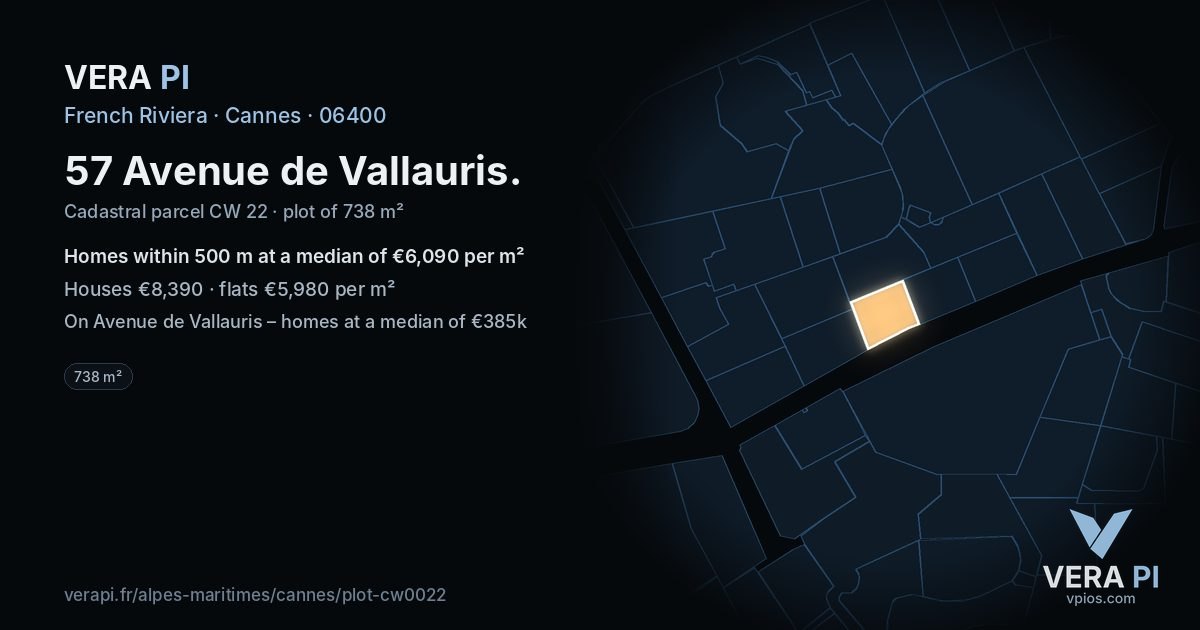 57 Avenue de Vallauris, Cannes at night – the plot lit, the parcels around coloured by the prices near them