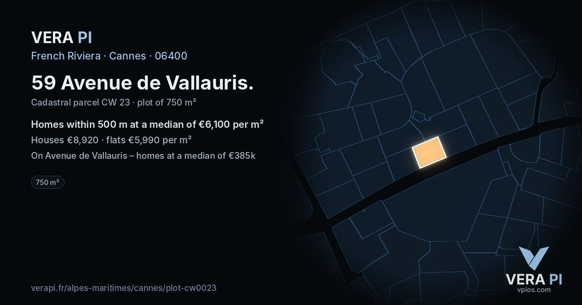 59 Avenue de Vallauris, Cannes at night – the plot lit, the parcels around coloured by the prices near them