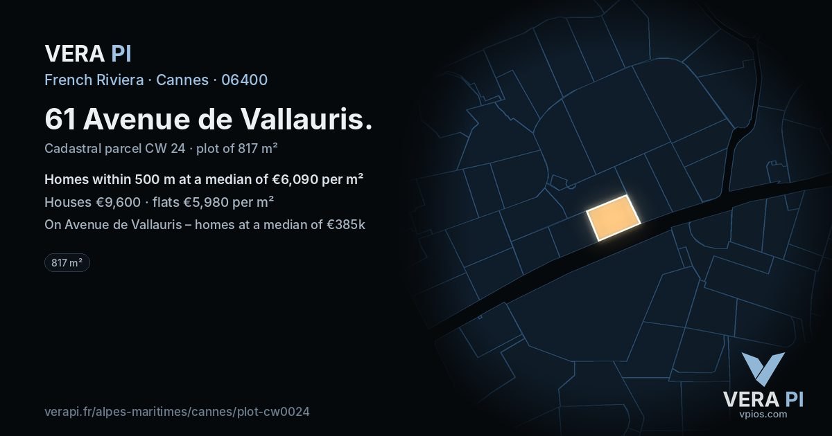 61 Avenue de Vallauris, Cannes at night – the plot lit, the parcels around coloured by the prices near them