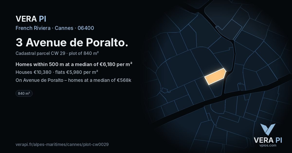 3 Avenue de Poralto, Cannes at night – the plot lit, the parcels around coloured by the prices near them