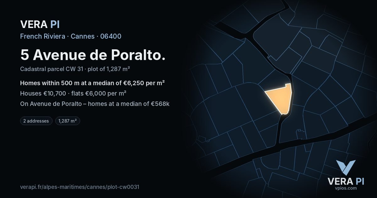 5 Avenue de Poralto, Cannes at night – the plot lit, the parcels around coloured by the prices near them