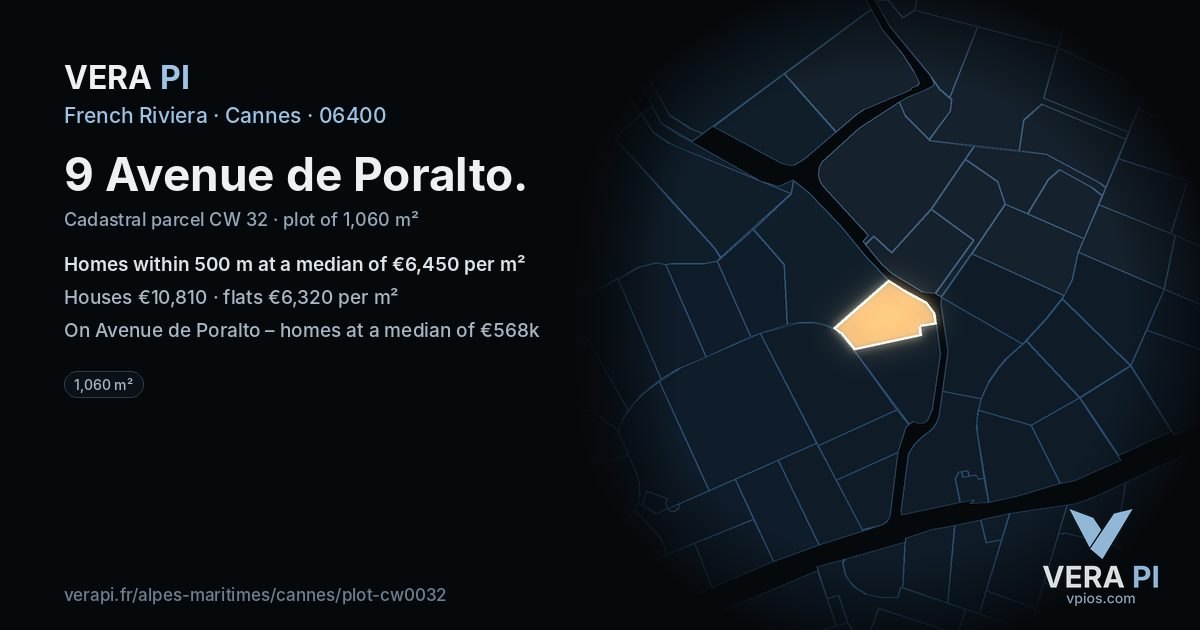9 Avenue de Poralto, Cannes at night – the plot lit, the parcels around coloured by the prices near them