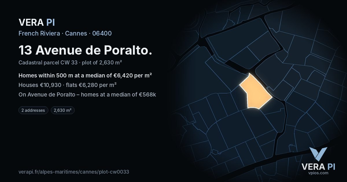 13 Avenue de Poralto, Cannes at night – the plot lit, the parcels around coloured by the prices near them