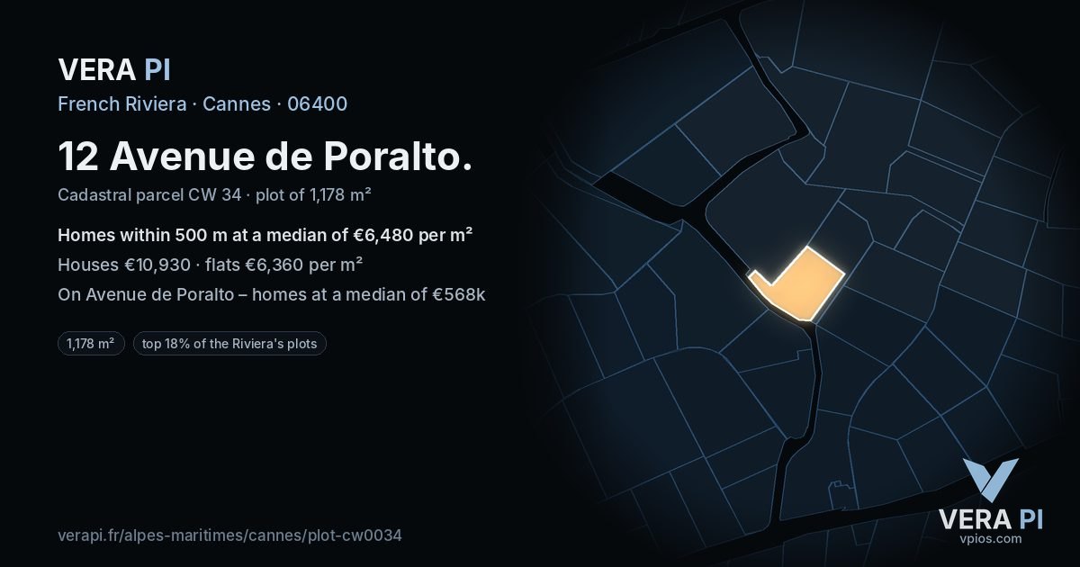 12 Avenue de Poralto, Cannes at night – the plot lit, the parcels around coloured by the prices near them
