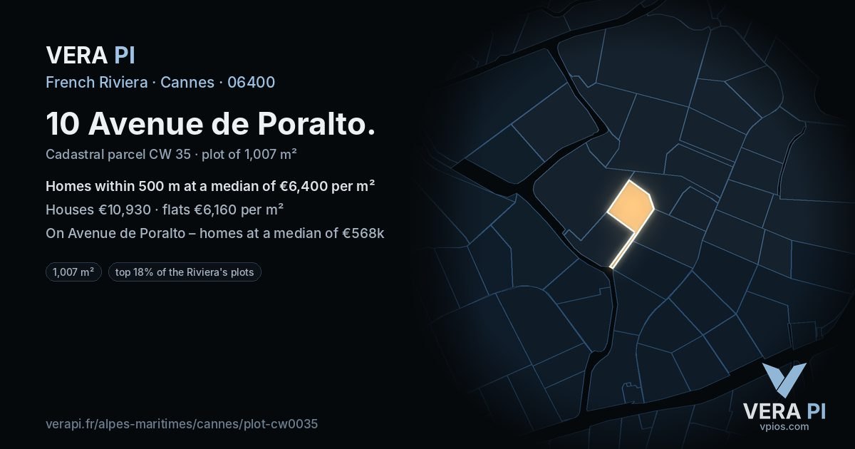 10 Avenue de Poralto, Cannes at night – the plot lit, the parcels around coloured by the prices near them