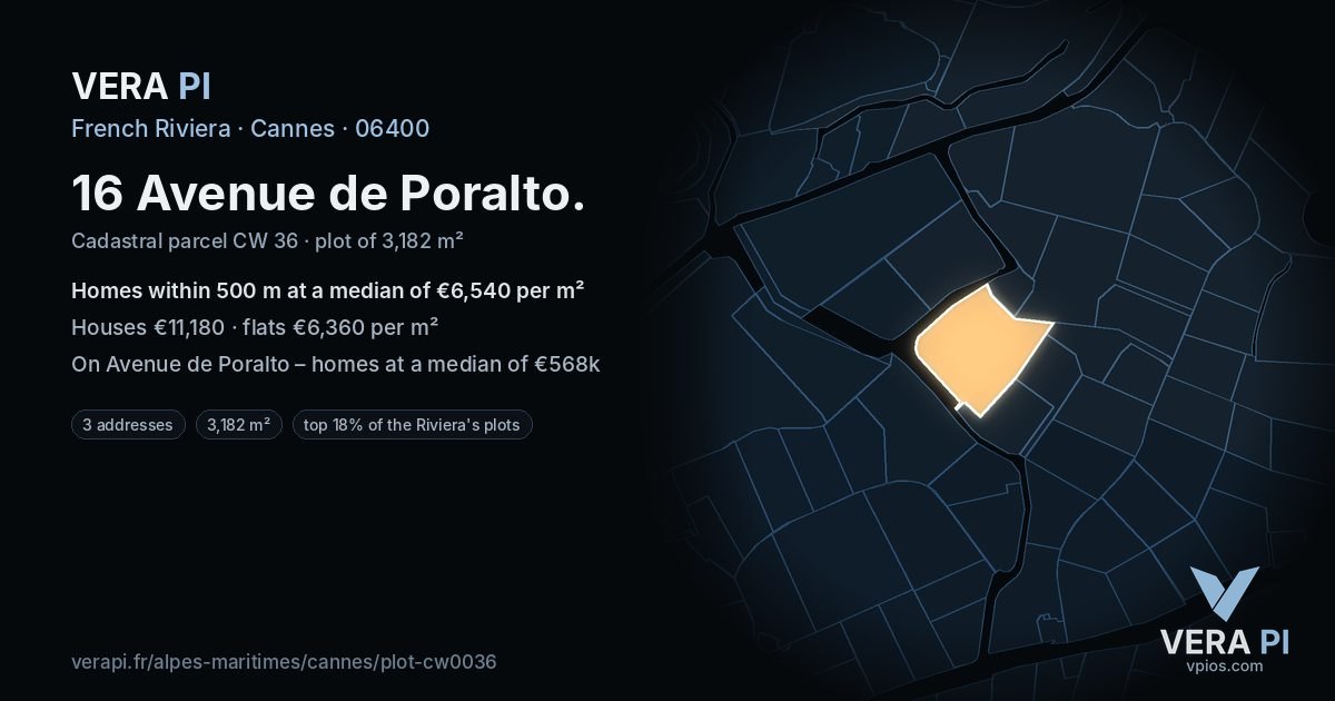 16 Avenue de Poralto, Cannes at night – the plot lit, the parcels around coloured by the prices near them