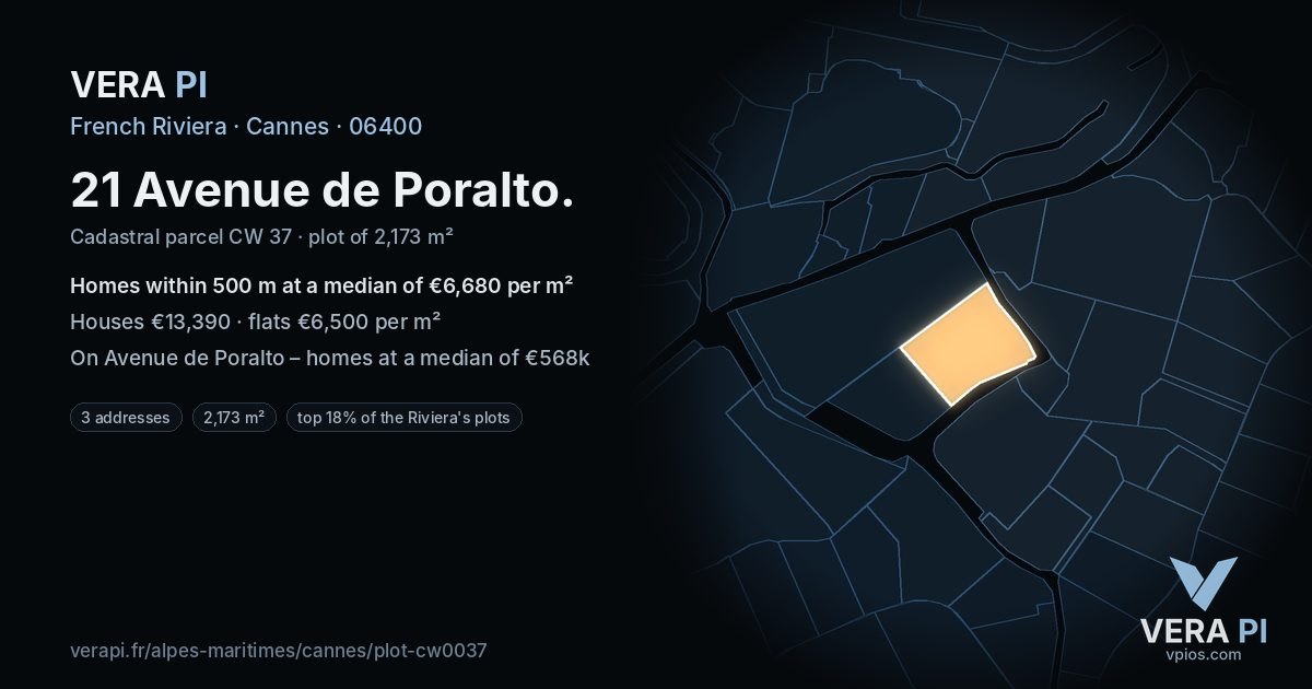 21 Avenue de Poralto, Cannes at night – the plot lit, the parcels around coloured by the prices near them