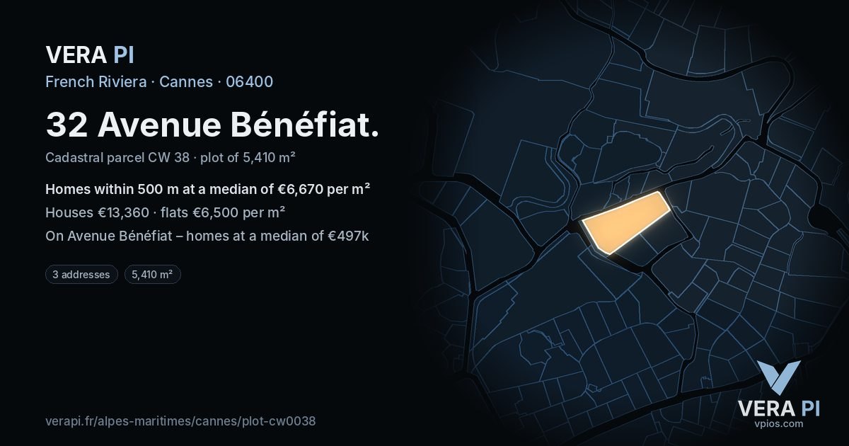 32 Avenue Bénéfiat, Cannes at night – the plot lit, the parcels around coloured by the prices near them