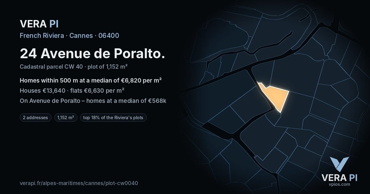 24 Avenue de Poralto, Cannes at night – the plot lit, the parcels around coloured by the prices near them