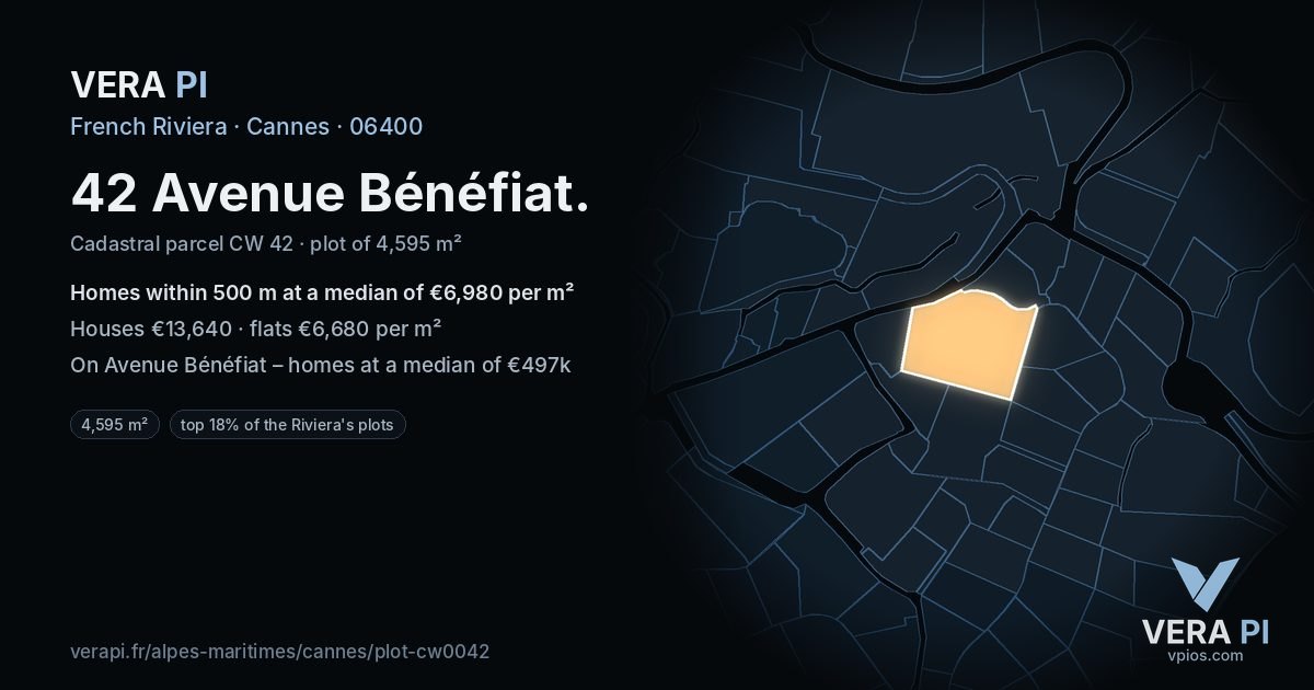 42 Avenue Bénéfiat, Cannes at night – the plot lit, the parcels around coloured by the prices near them