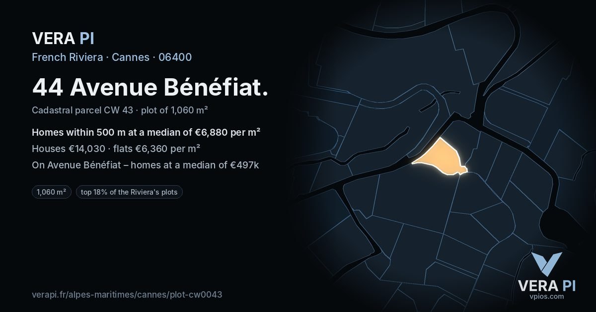 44 Avenue Bénéfiat, Cannes at night – the plot lit, the parcels around coloured by the prices near them