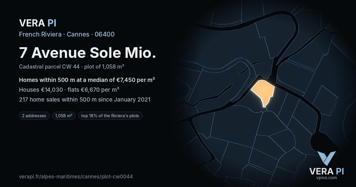 7 Avenue Sole Mio, Cannes at night – the plot lit, the parcels around coloured by the prices near them