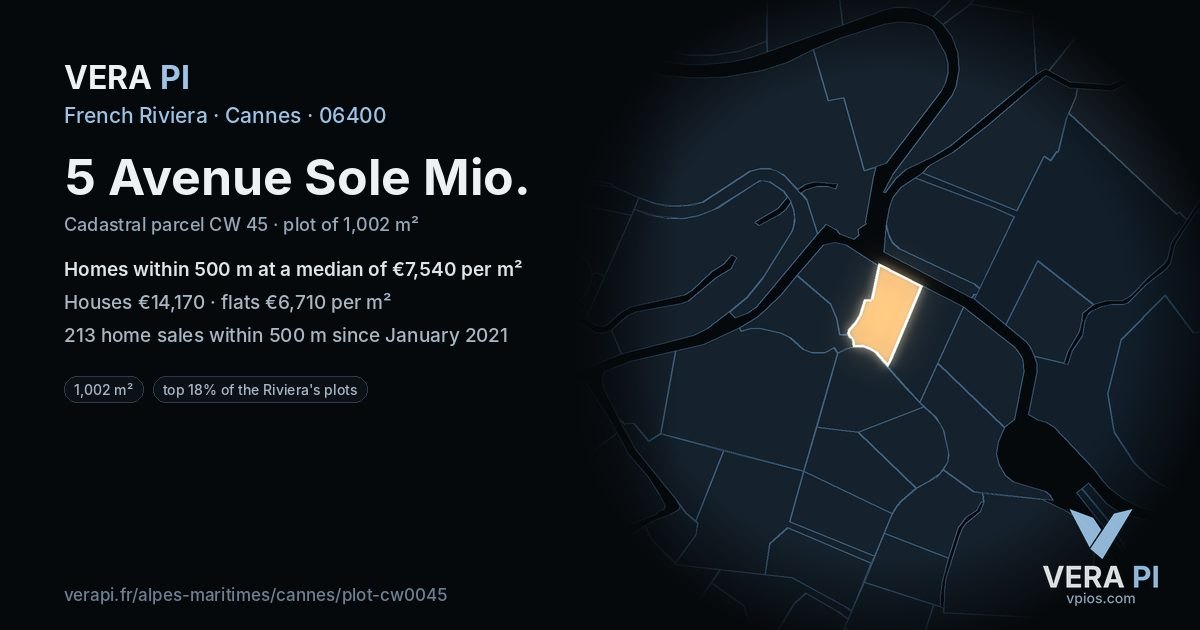 5 Avenue Sole Mio, Cannes at night – the plot lit, the parcels around coloured by the prices near them