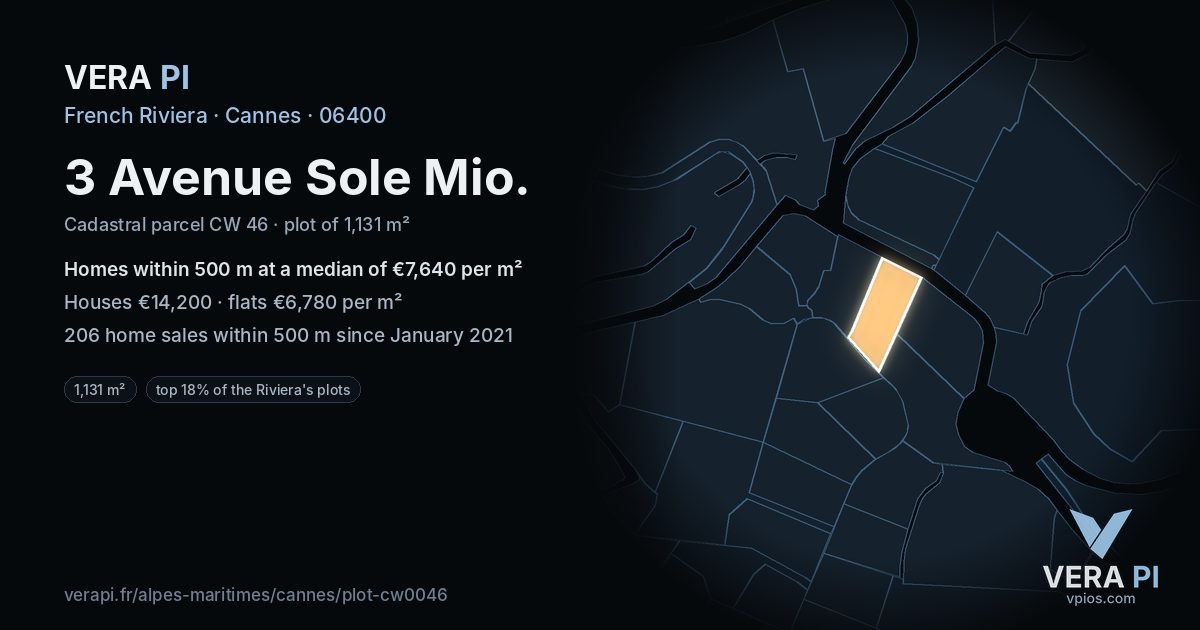 3 Avenue Sole Mio, Cannes at night – the plot lit, the parcels around coloured by the prices near them