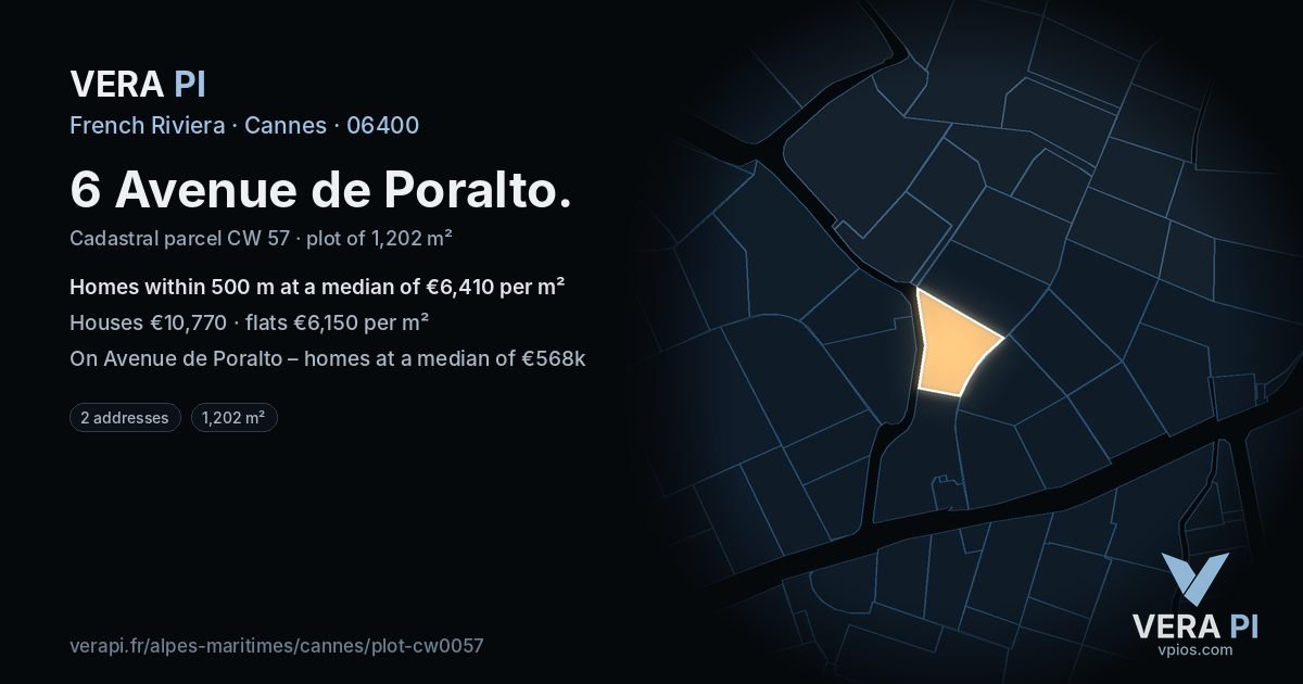 6 Avenue de Poralto, Cannes at night – the plot lit, the parcels around coloured by the prices near them