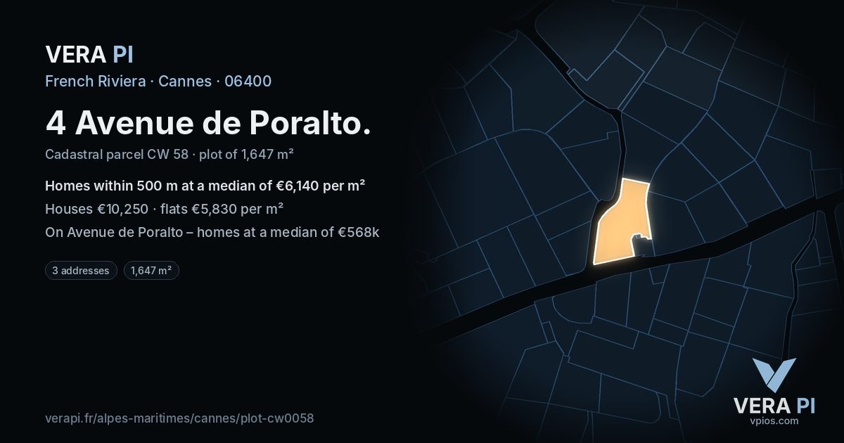 4 Avenue de Poralto, Cannes at night – the plot lit, the parcels around coloured by the prices near them