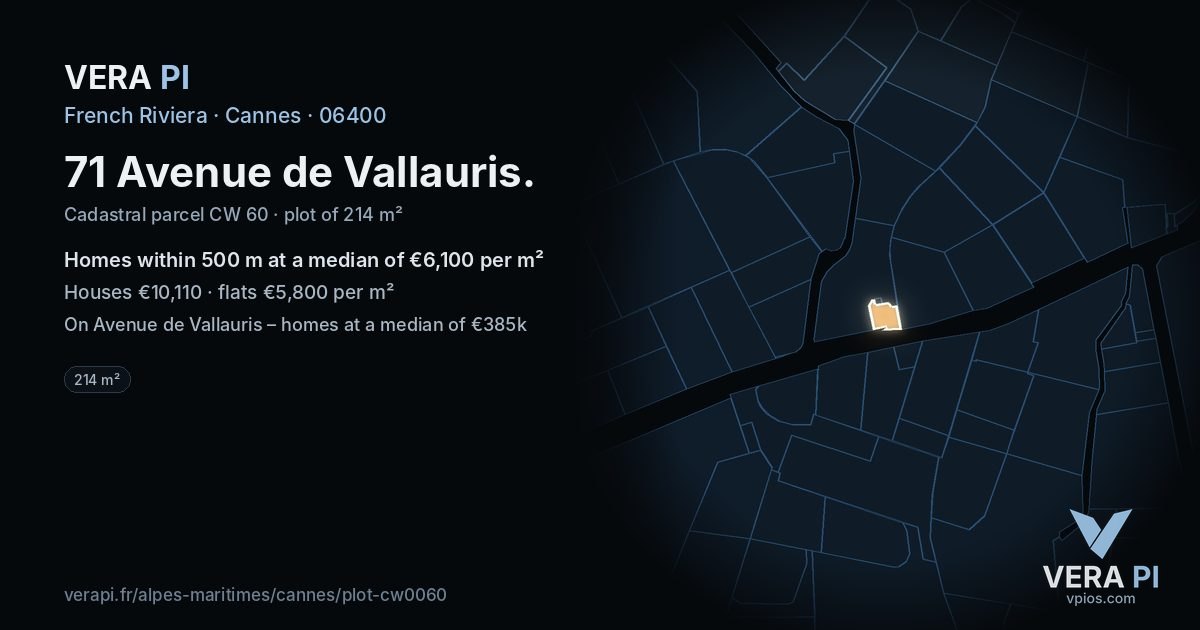 71 Avenue de Vallauris, Cannes at night – the plot lit, the parcels around coloured by the prices near them