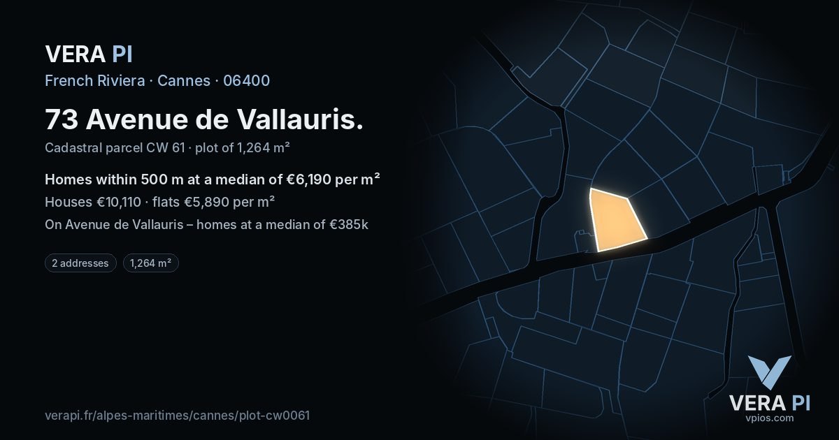 73 Avenue de Vallauris, Cannes at night – the plot lit, the parcels around coloured by the prices near them